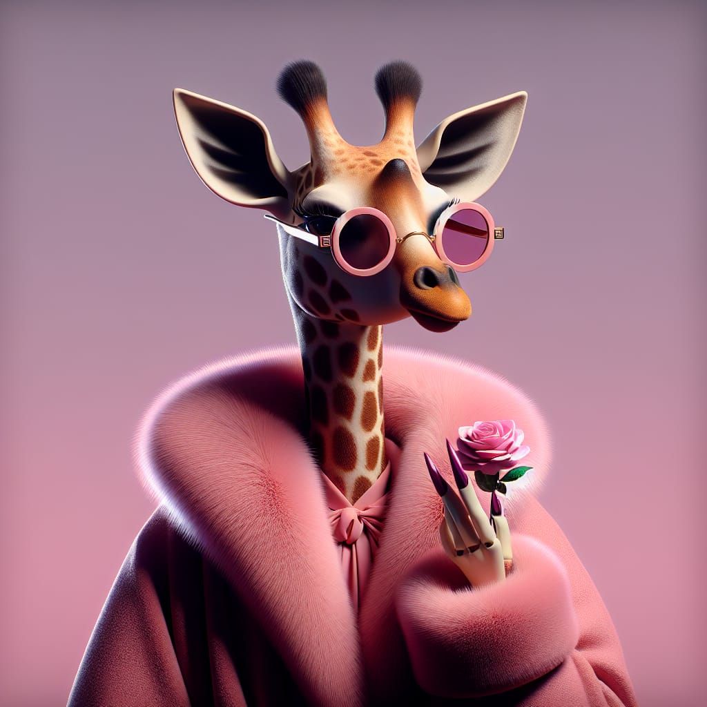 Giraffe in Chic Pink Sunglasses and Rose