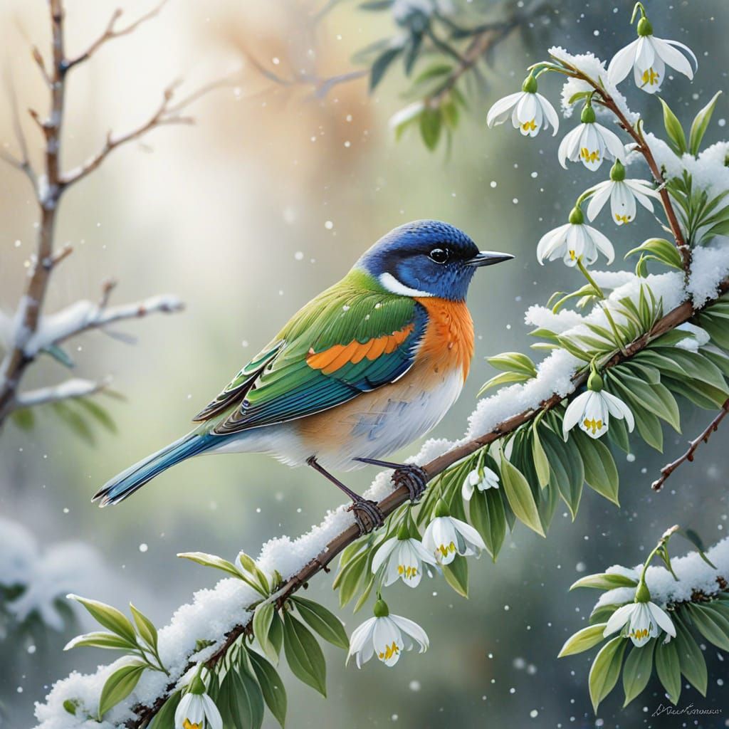 Watercolor Bird on Snowy Branch with Flowers