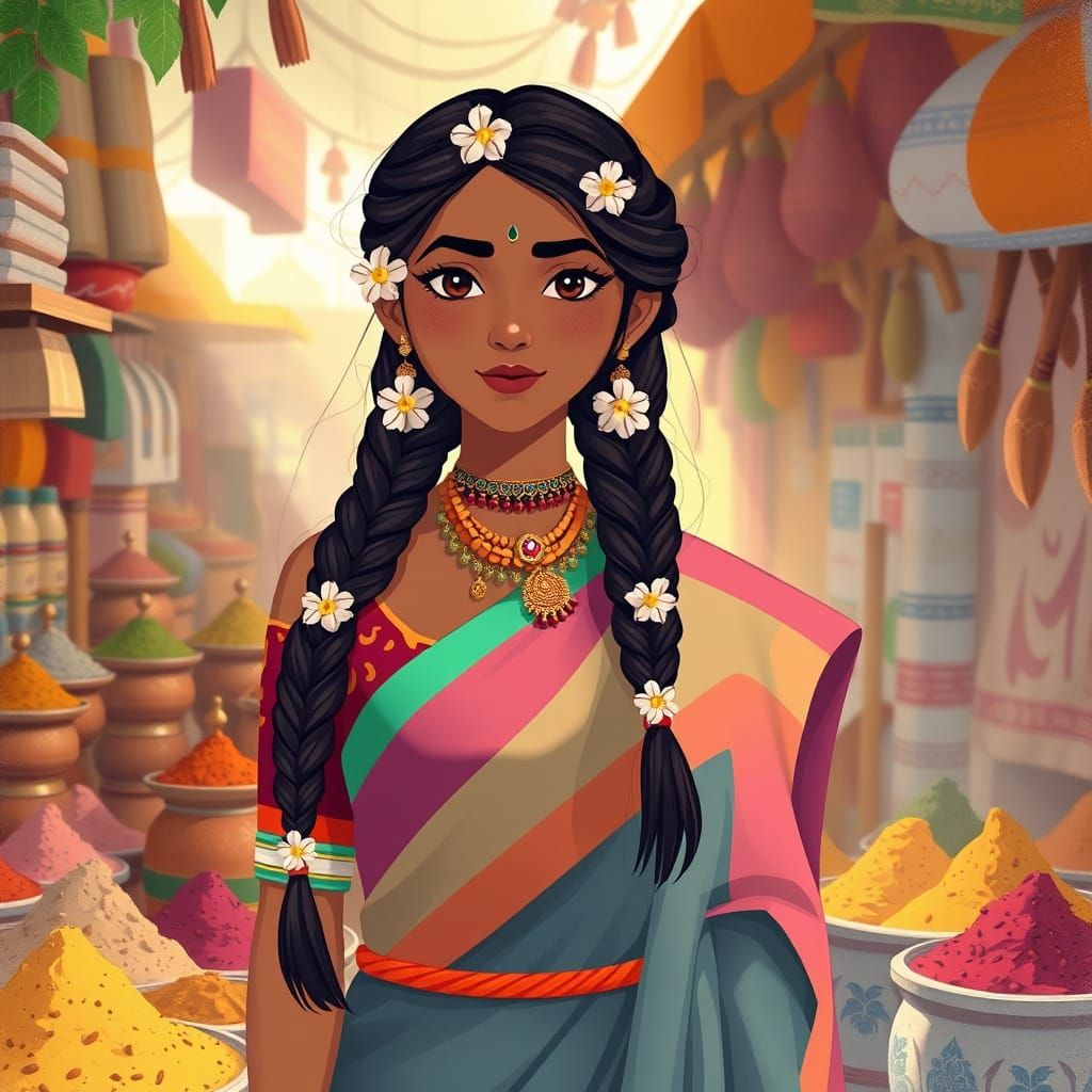 South Indian Woman in Spice Market, Folk Art Style
