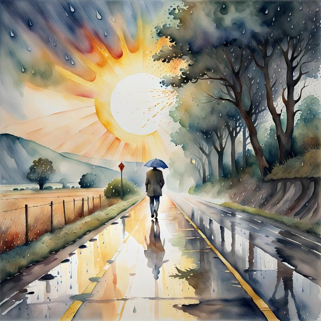Watercolor Gouache: Man Walking Into Sunlight