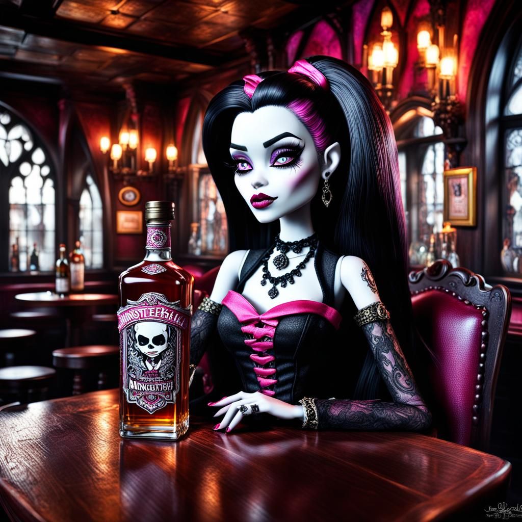 monster high draculaura drinking a bottle of whiskey in a go...