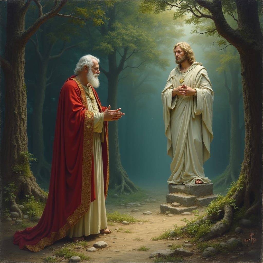 Virgil Leads Dante Out of the Dark Woods in an Oil Painting