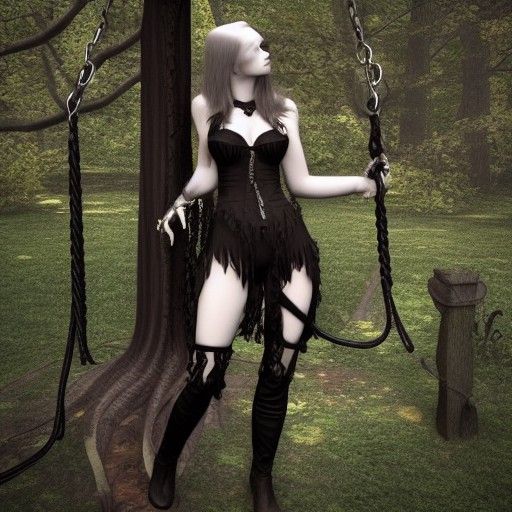 Gothic Woman on Rope Swing in Spooky Forest