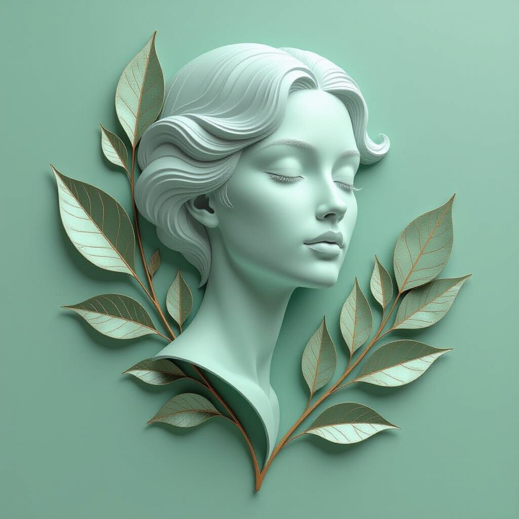 Female Form Blended into Metallic Leaf Veins, Botanical Geom...