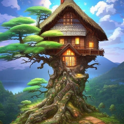 Lakeside Cottage on Ancient Tree, Digital Illustration