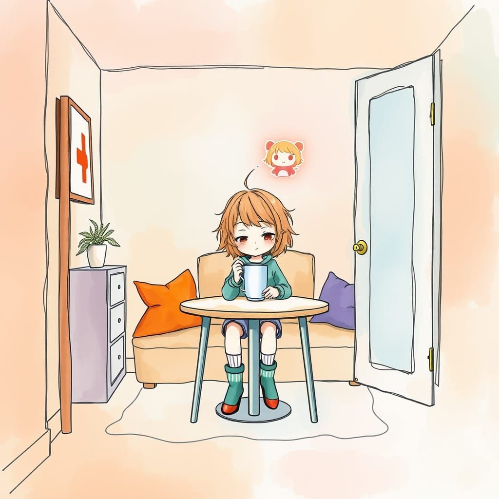 Whimsical Interior Scene with Chibi AI Hologram