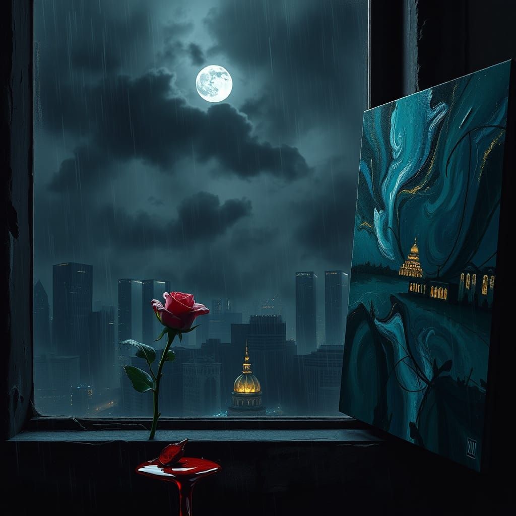 Moonlit Cityscape Under Dark, Ominous Skies