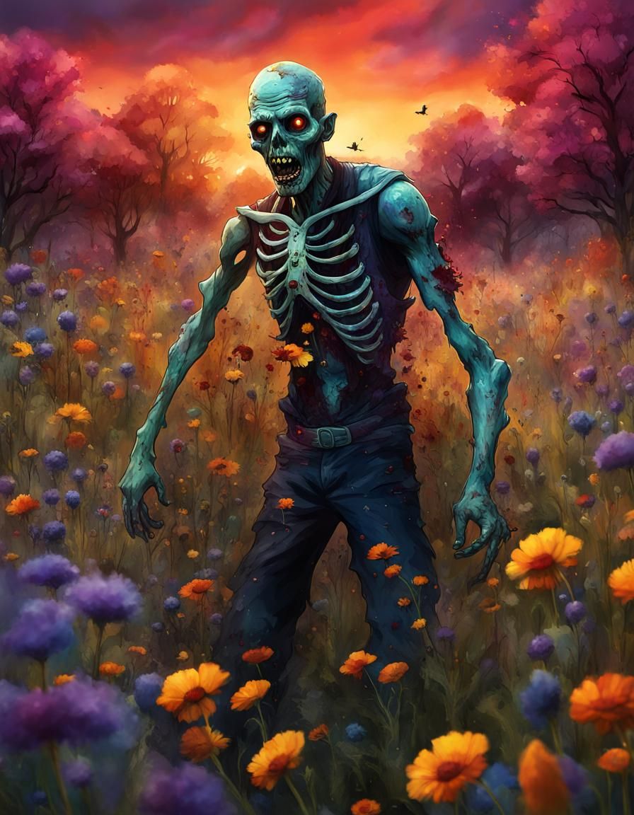 Zombie in Wildflower Field: Halloween Fantasy Art