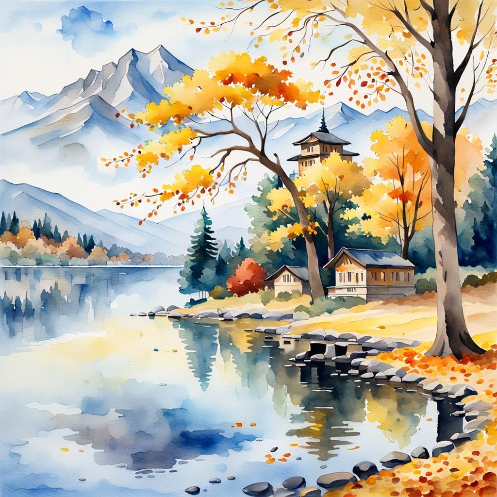Watercolor Autumn Landscape with Golden Tree