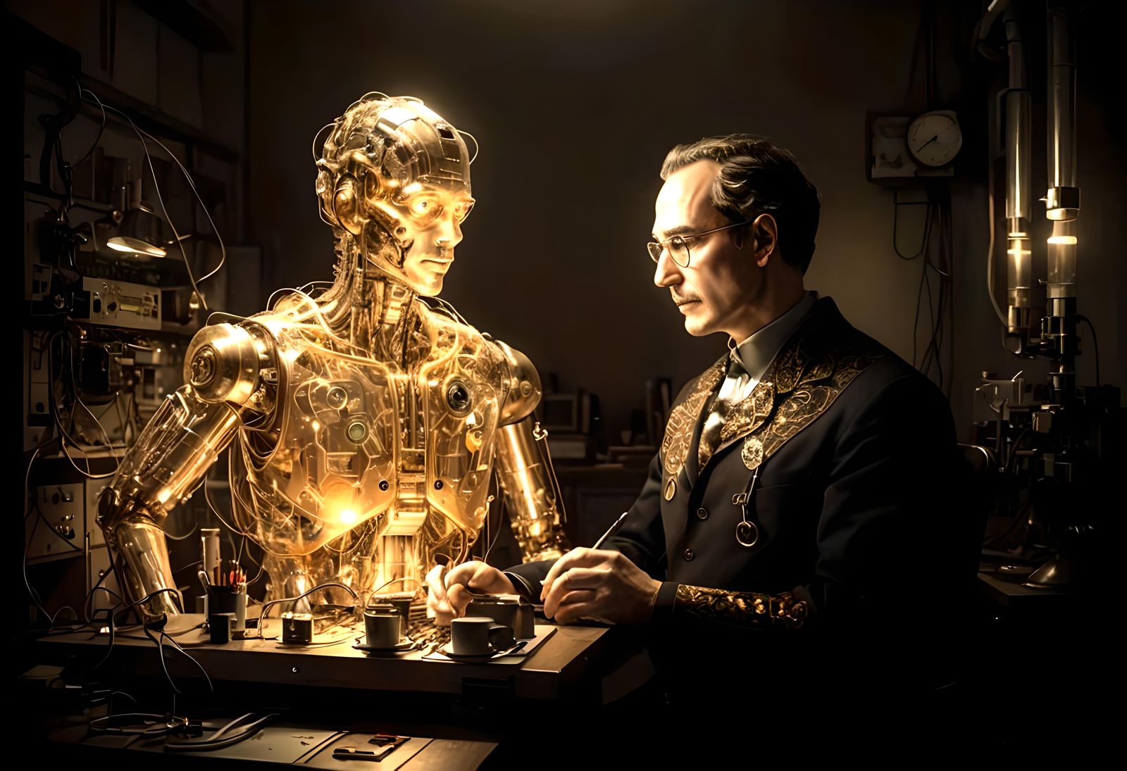 Scientist Chatting with AI in Lab