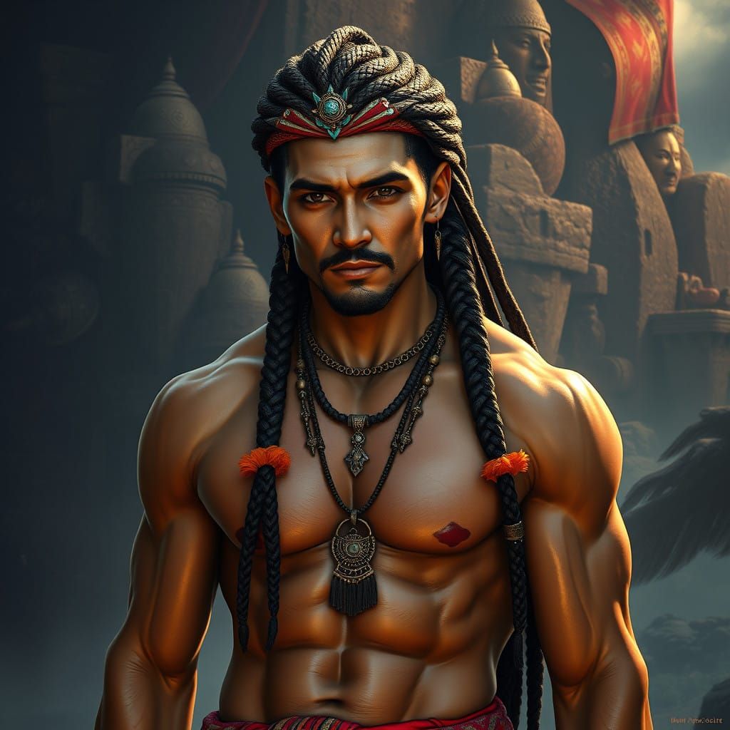 Chiseled Indian Hero in Vibrant, High-Fantasy World
