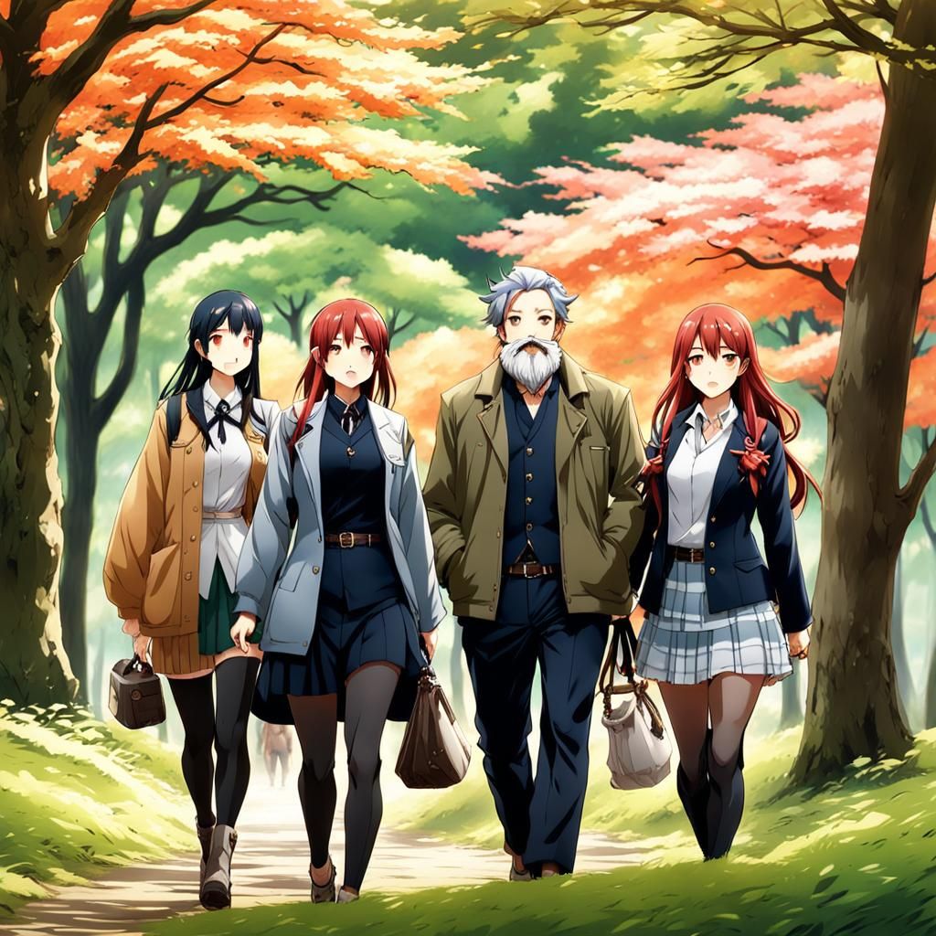 Anime Style: Japanese Girls and Geologist in Park