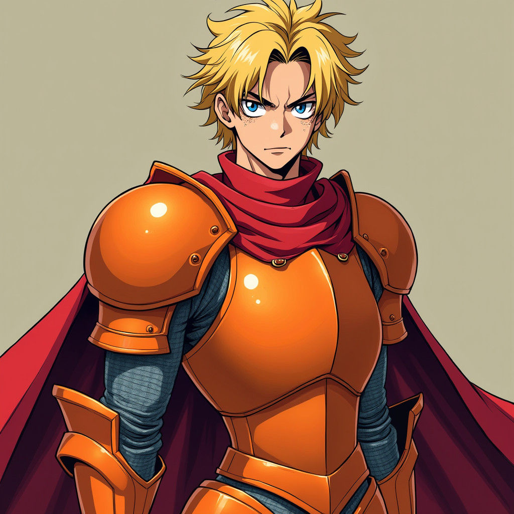 Anime Knight with Blonde Hair in Orange Armor
