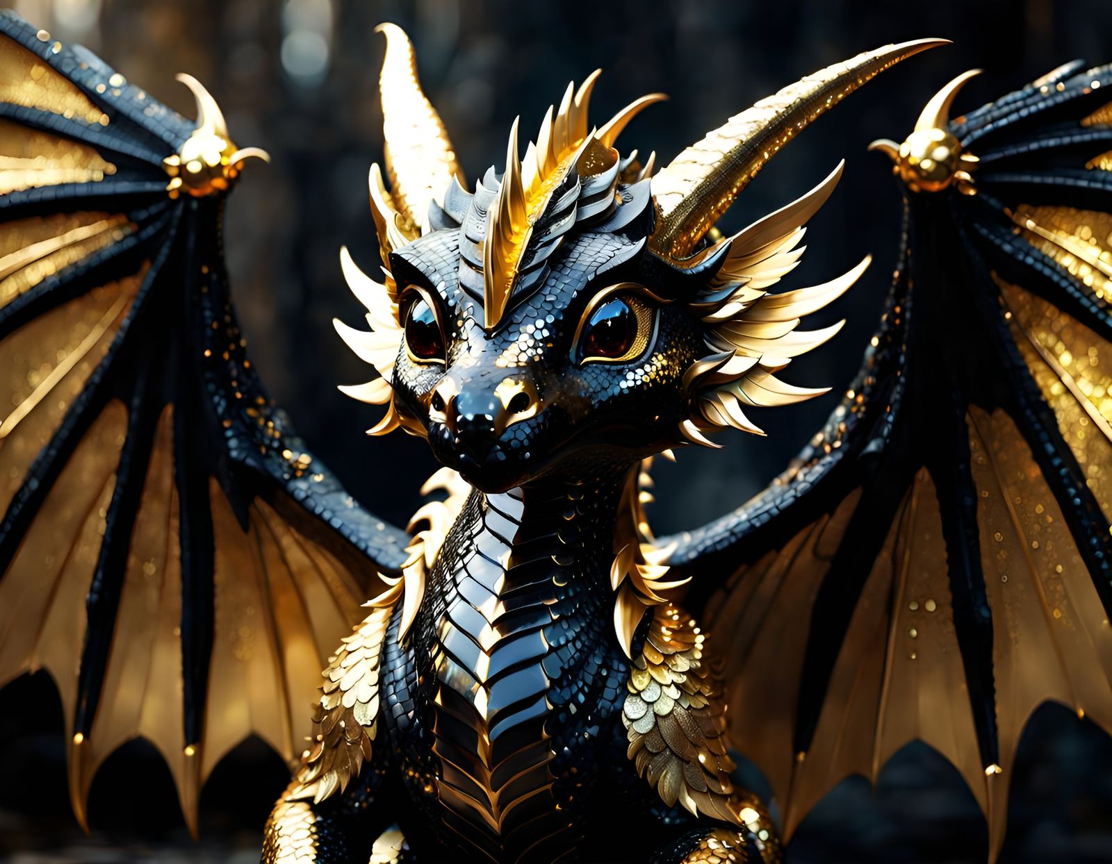 Black and Gold Dragon Portrait in 3D