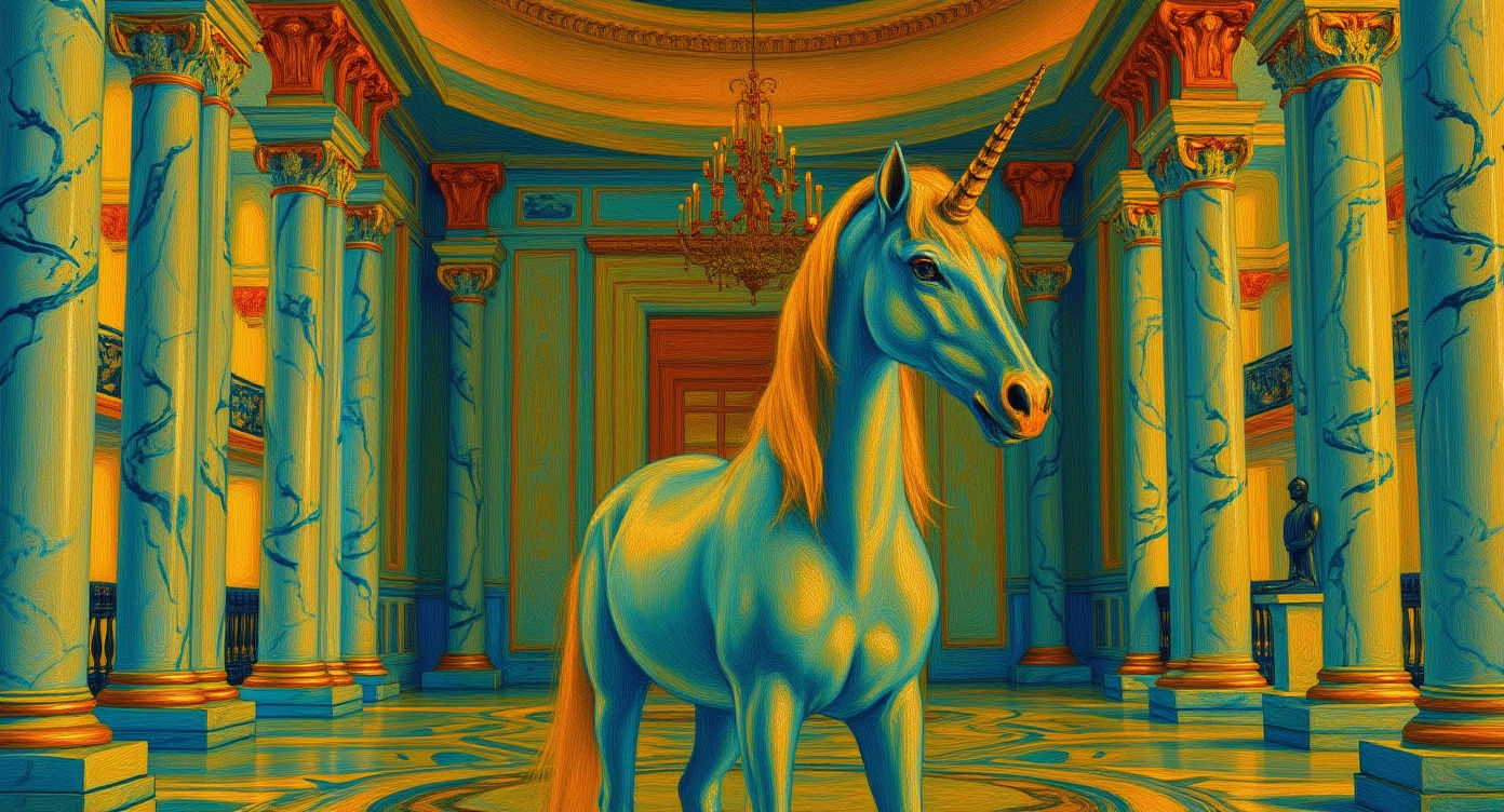 Sad Unicorn in Neoclassical Setting