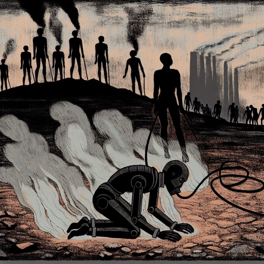 Android in Dark Dystopian Landscape, Surrounded by Silhouett...