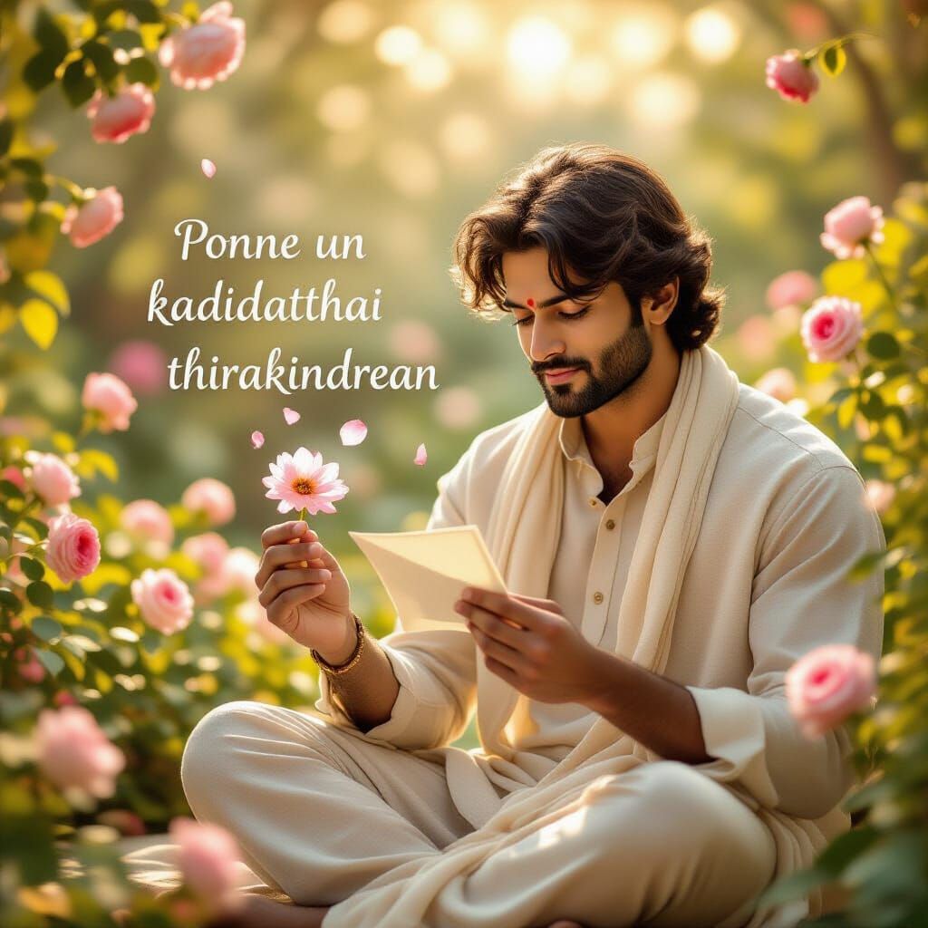 Man Opens Letter With Flower in Sunlit Garden