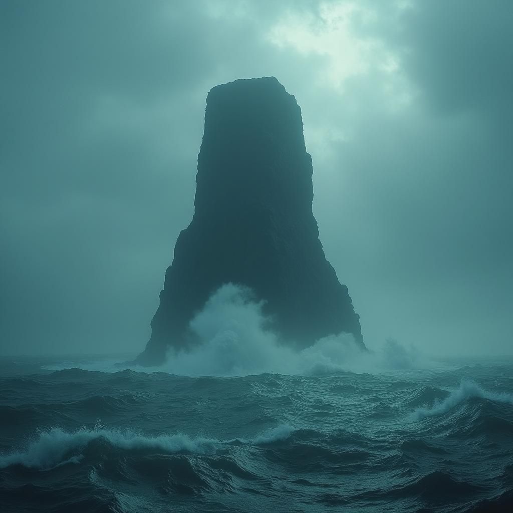 Colossal Monolith in Stormy Ocean: Cinematic Film Aesthetic