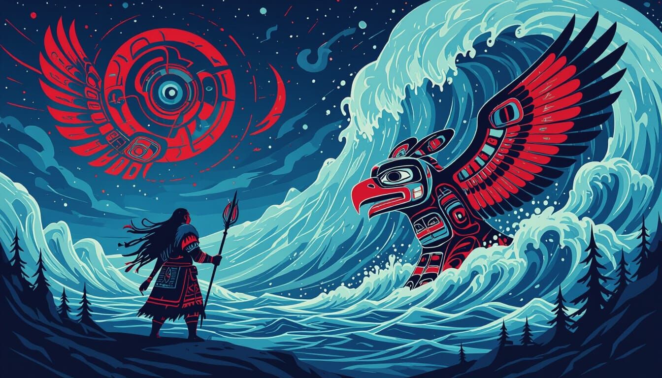 Tlingit Art Epic Hero Confronts Mythological Disaster in Red...