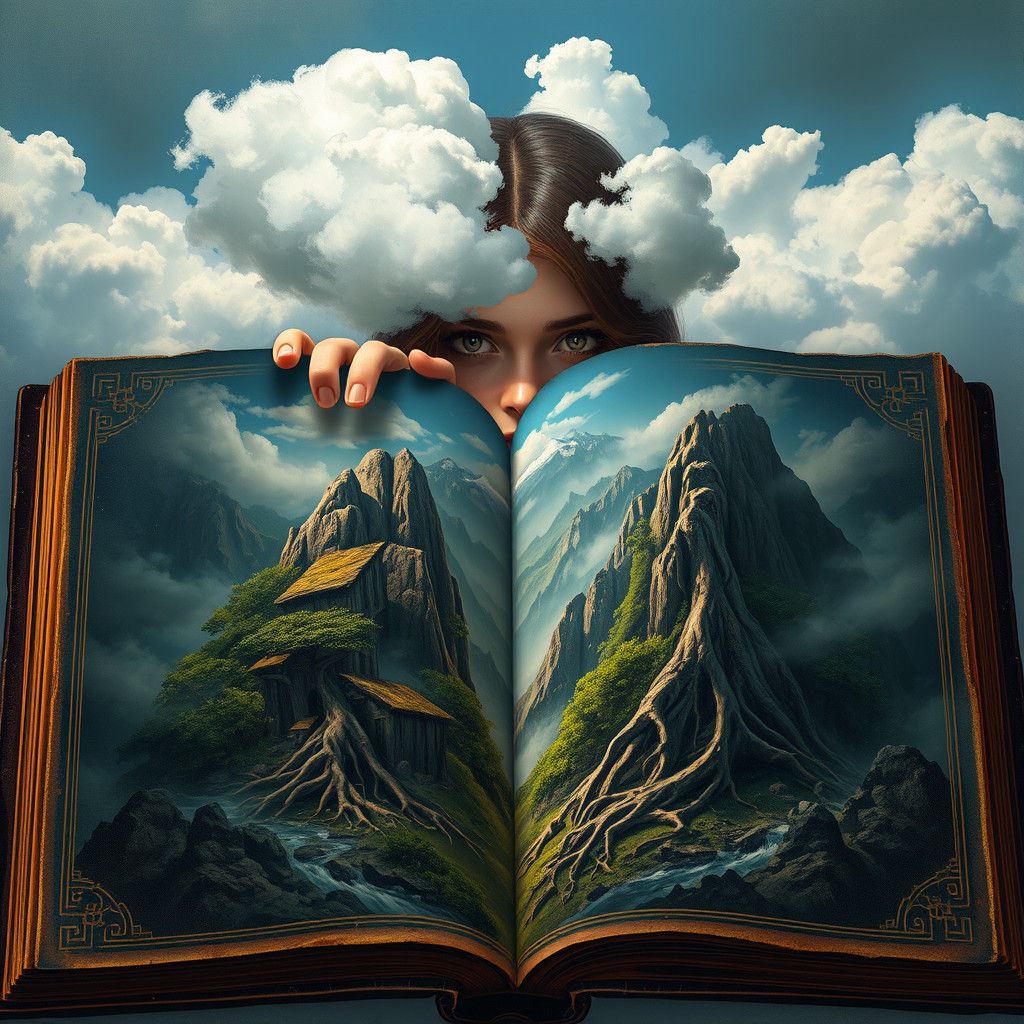 Woman Gazing at Landscape in Mystical Book