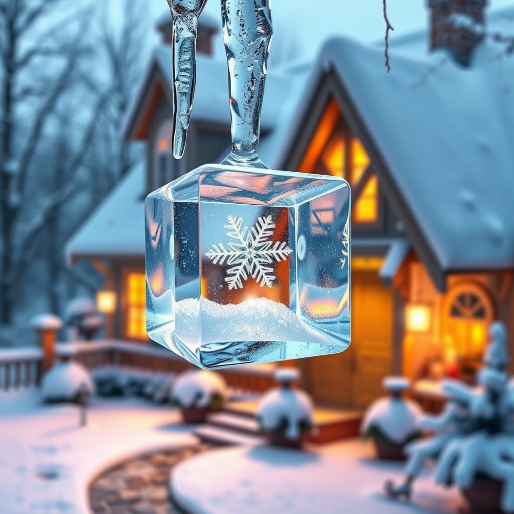 Hologram of an Ice Cube with a Snowflake Inside in a Winter...