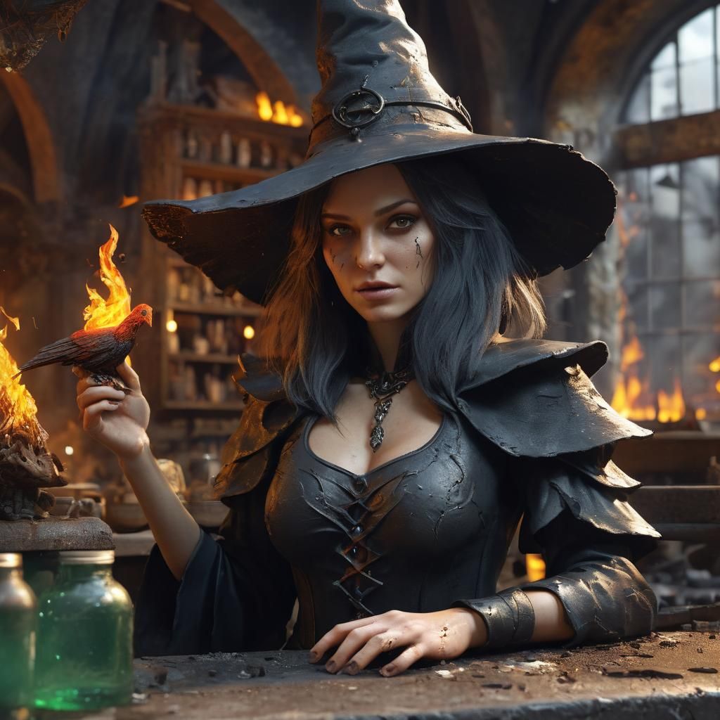 Fantasy Witch and Burning Angel in Dark Alchemy Shop