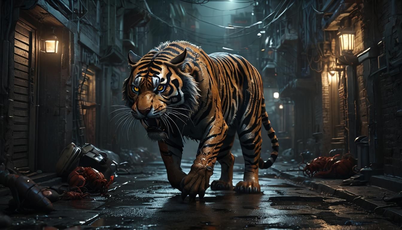 an angry biopunk 3d creation of a tiger  with lobster pincers roaming a dark alley at night Epic cinematic brilliant stu...