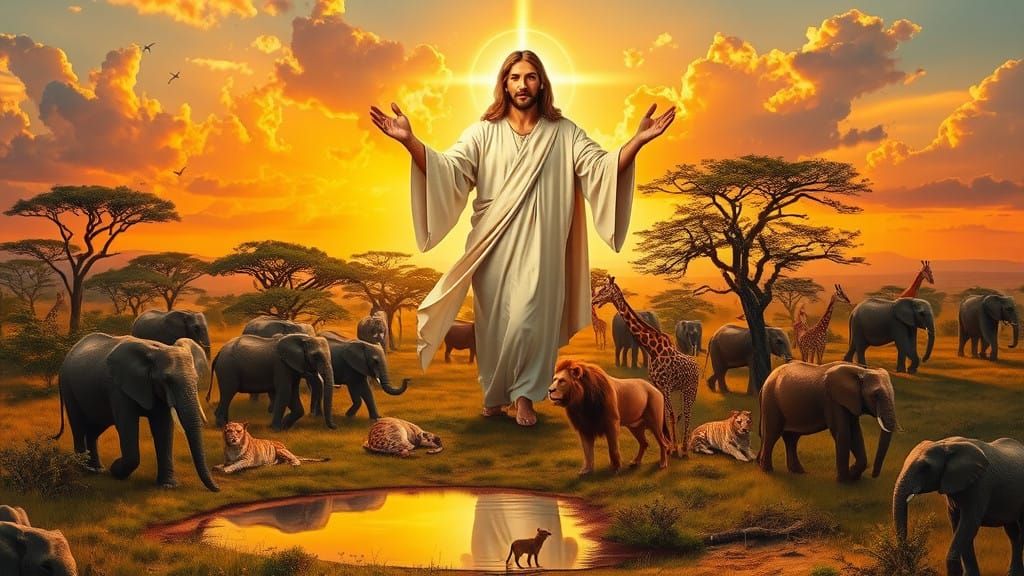 Surreal Landscape Painting of African Savanna Under Golden L...