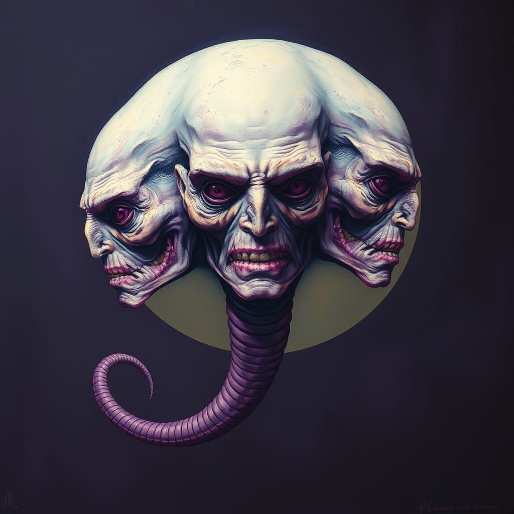 Three-Faced Lunar Creature in Biomechanical Style