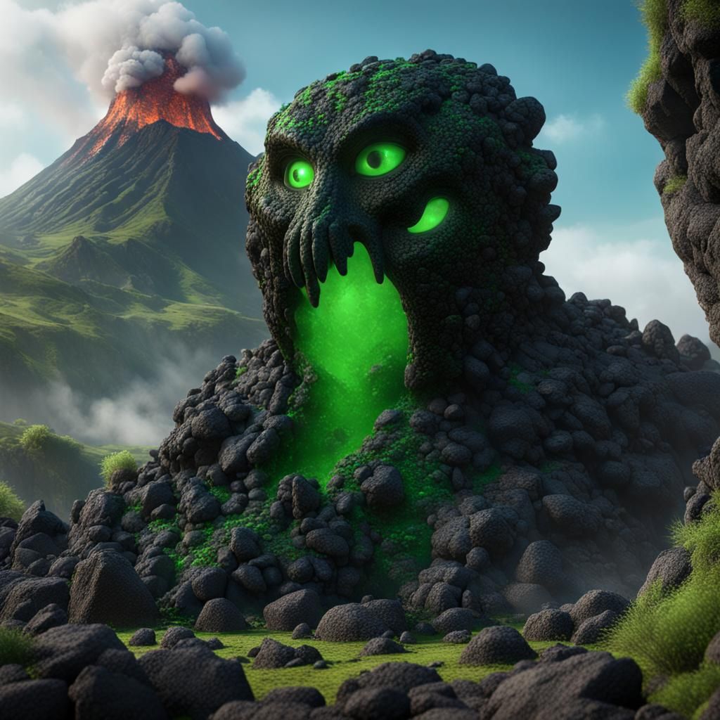 Orga of Black Rocks with Volcano in Fantasy Art