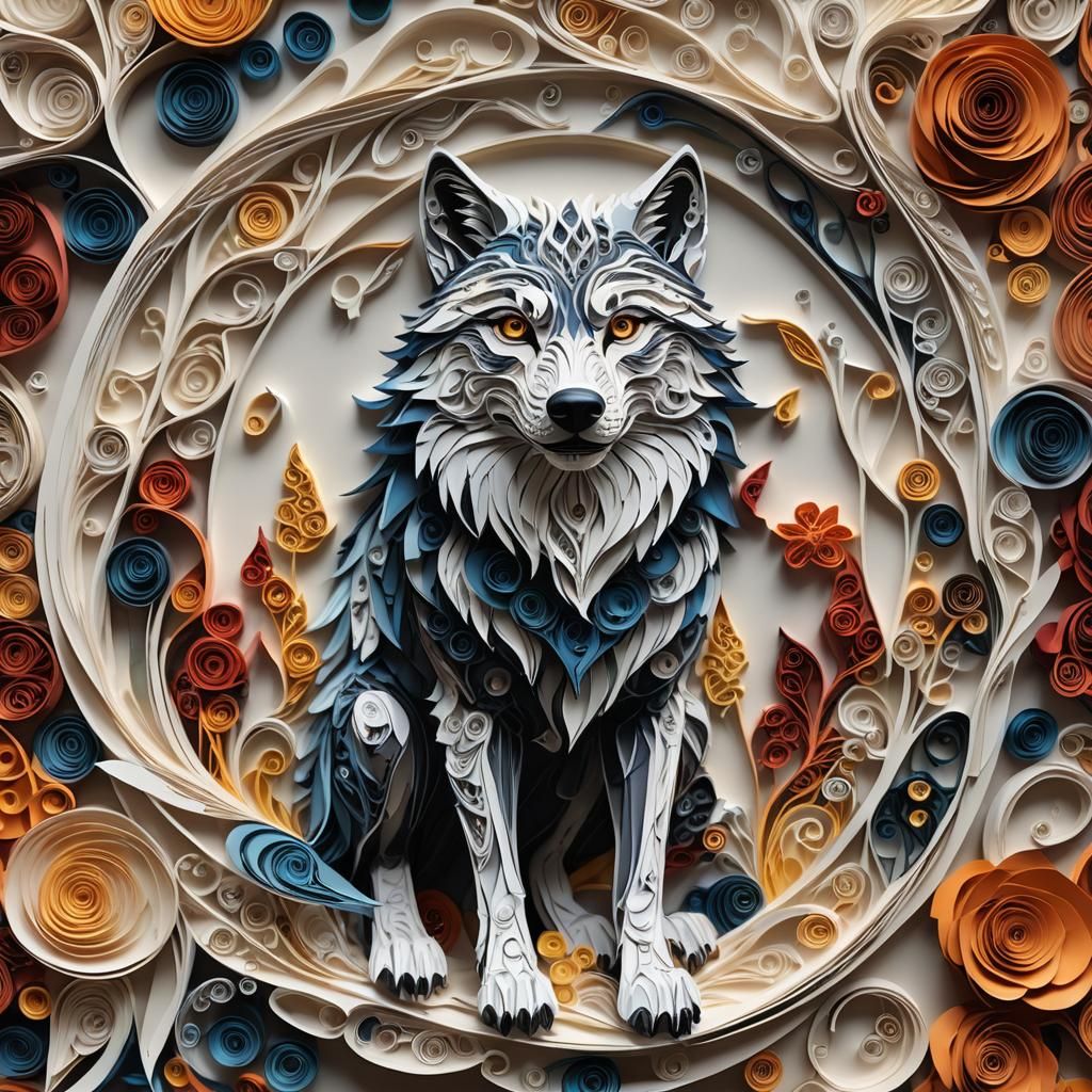 Intricate Paper Quilled Wolf Concept Art