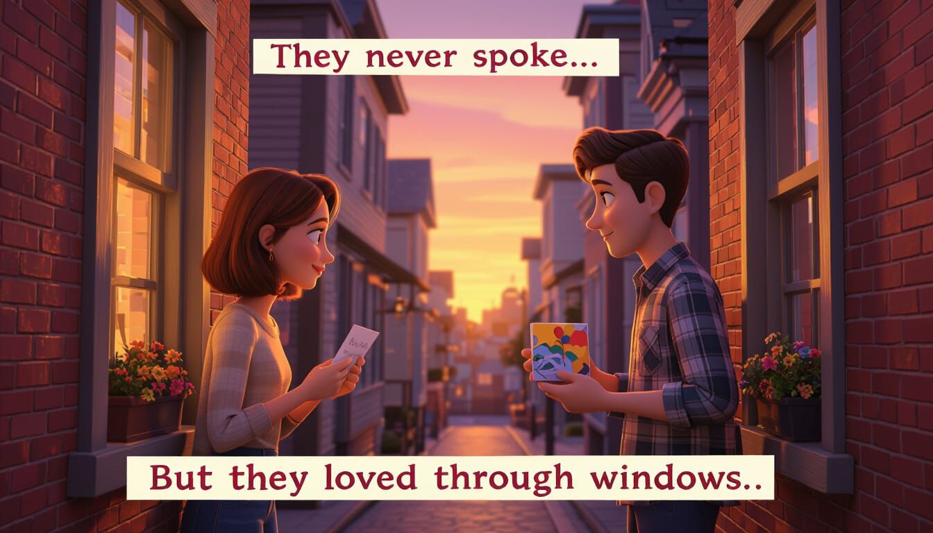 Romantic Pixar-Style Image of Couple Loving Through Windows