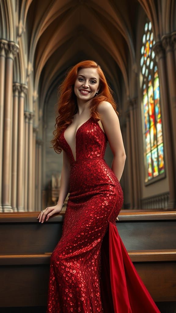 Woman in Red Gown Posing in Gothic Cathedral