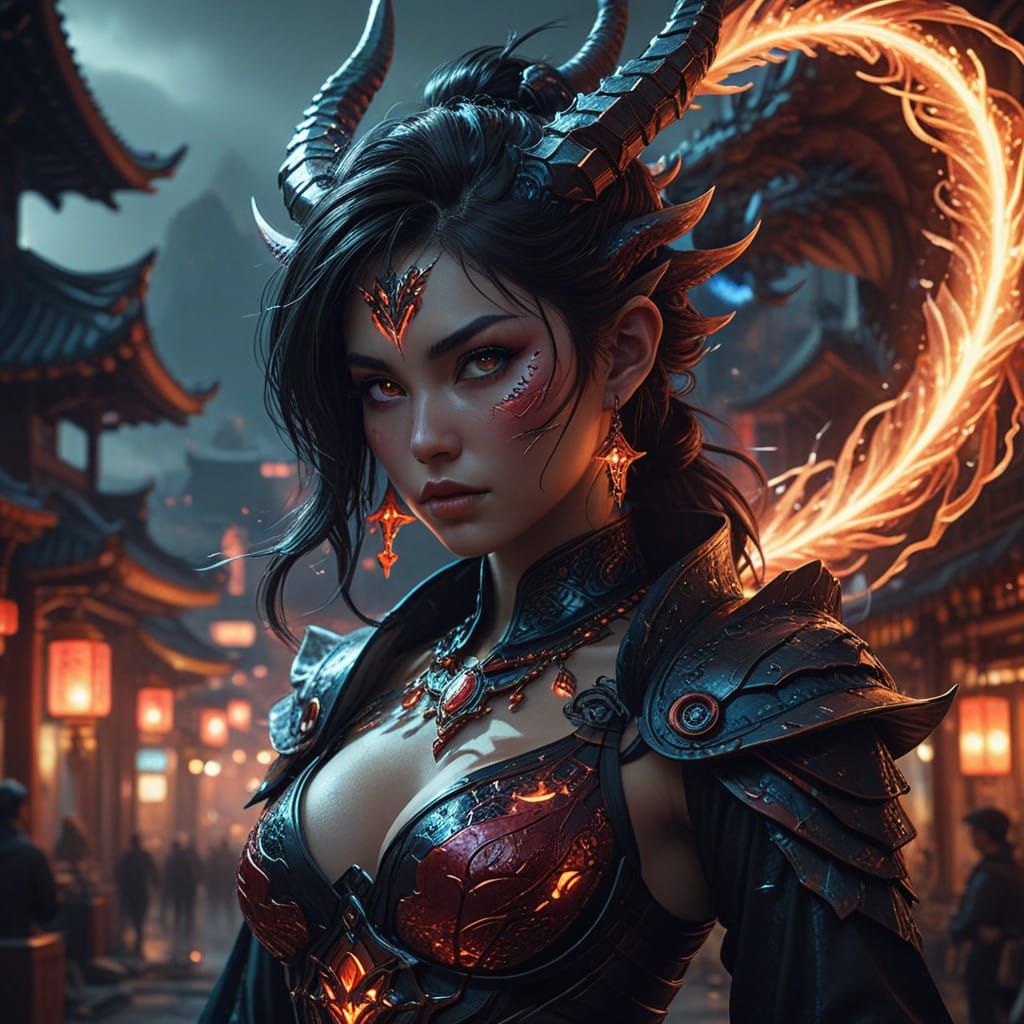 Stunning Digital Portrait of a Tiefling Demon Girl in Dark F...