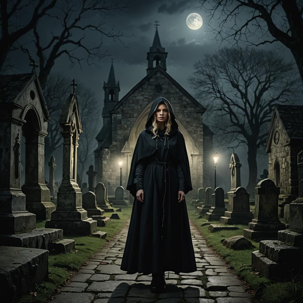 Eerie Gothic Portrait of Woman in Churchyard