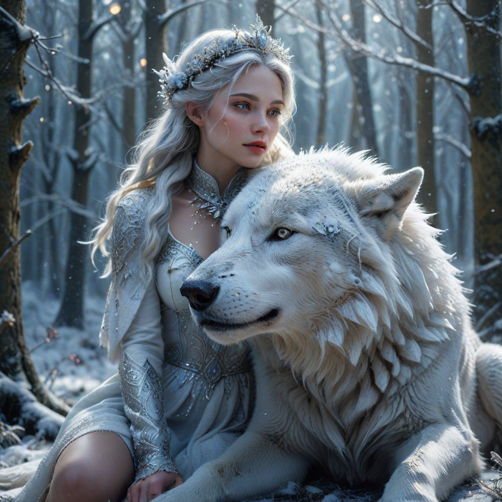 Regal Winter Goddess in Icy Wonderland with Majestic Wolf