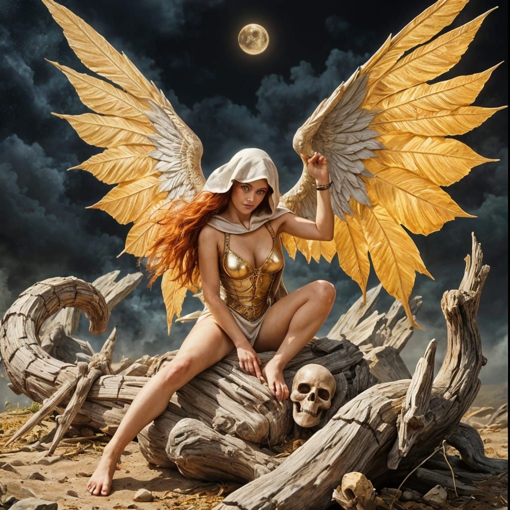 Redhead Angel with Golden Chestplate and Skeleton