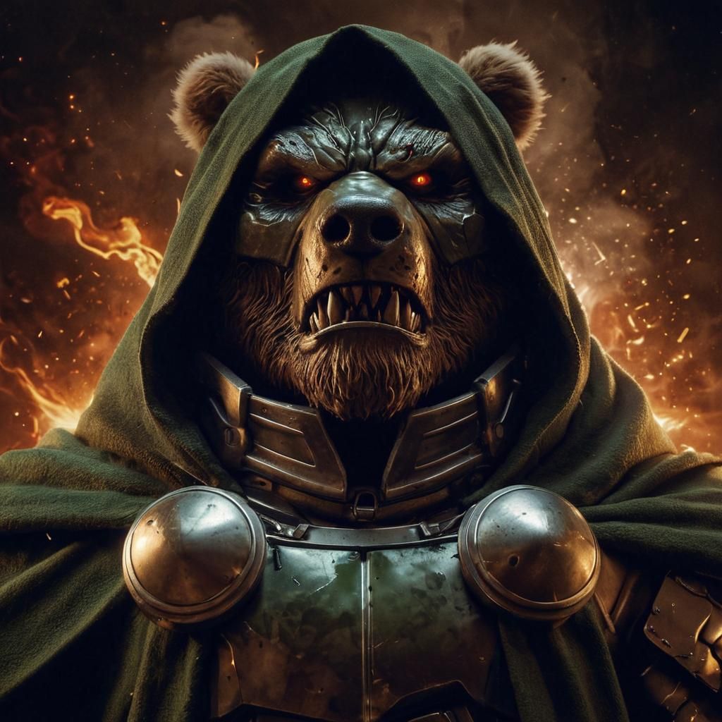 Obese Bear-Doctor Doom Portrait in Explosive Darkness