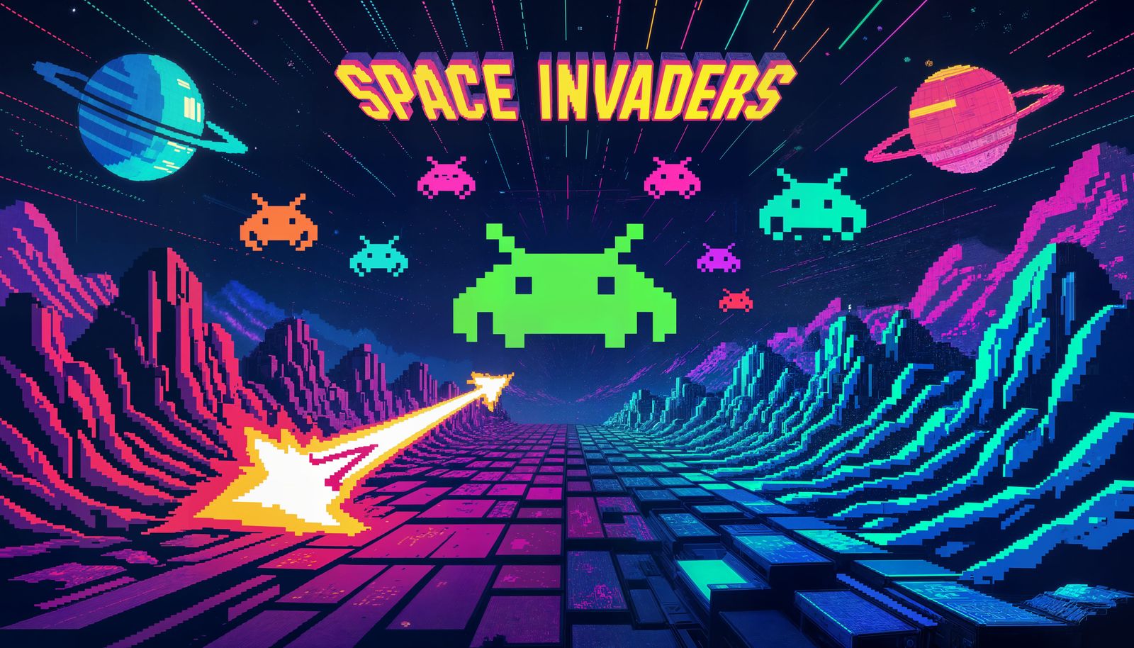 Glitch Art 8 Bit Space Invaders in Neon Synthwave Style