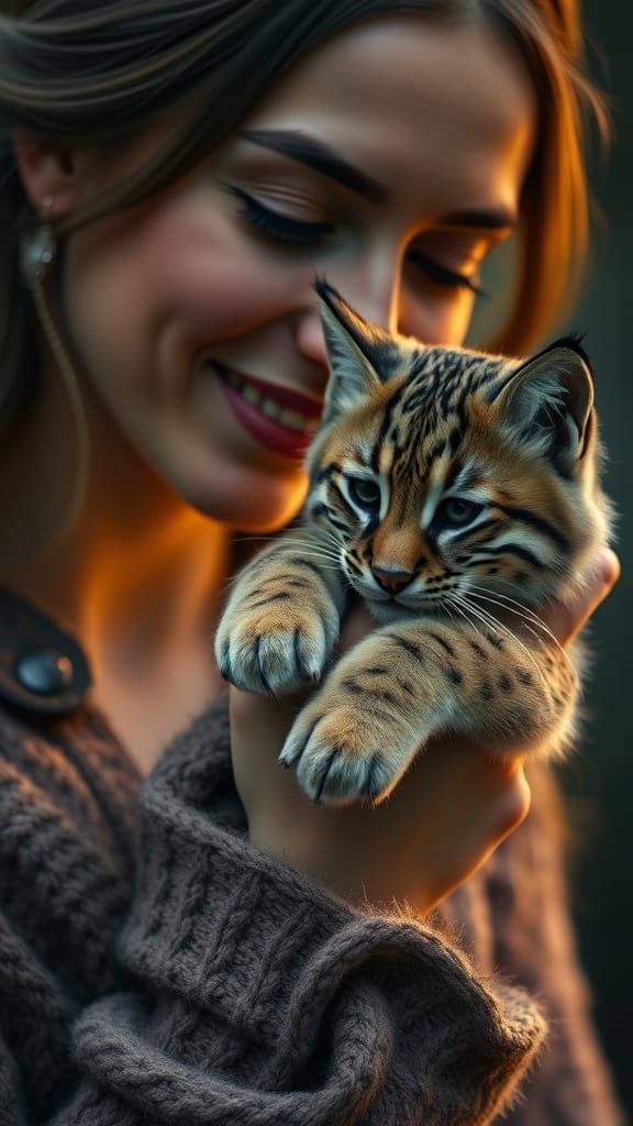 A Tiny Lynx Holds Tightly to a Woman's Wrist in a Tender Emb...