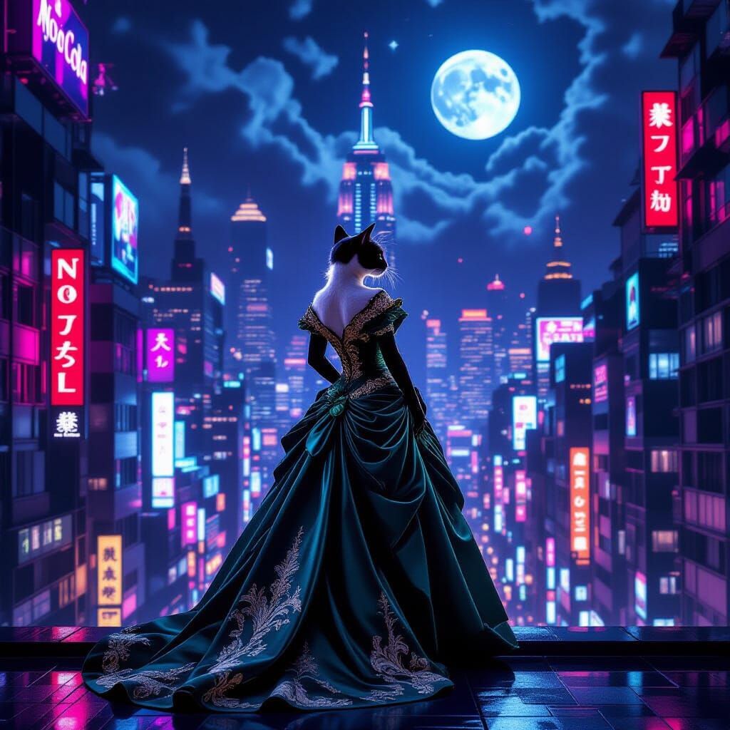 Regal Cat in Haute Couture Overlooks Neon Cityscape
