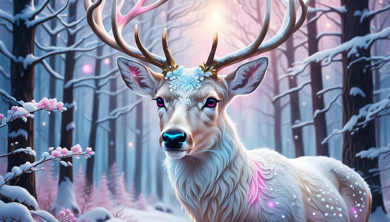 White Deer in Snow-Covered Forest: Digital Illustration