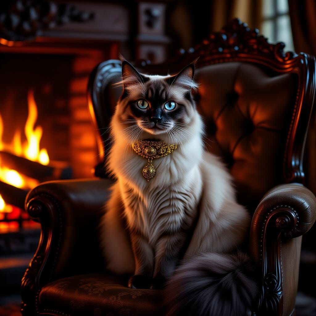 Regal Siamese Cat Portrait by Firelight