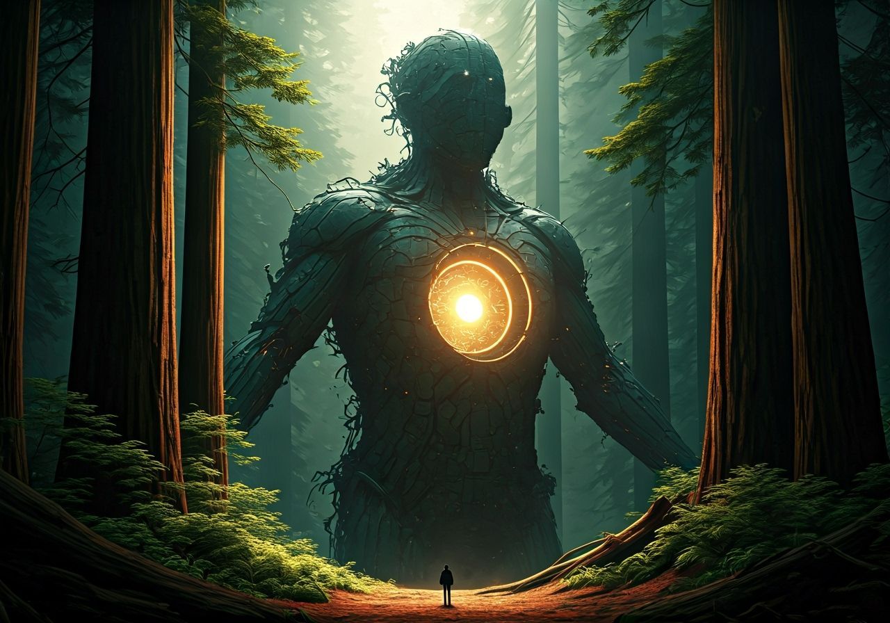 Sentient AI Core in Ancient Redwood Forest