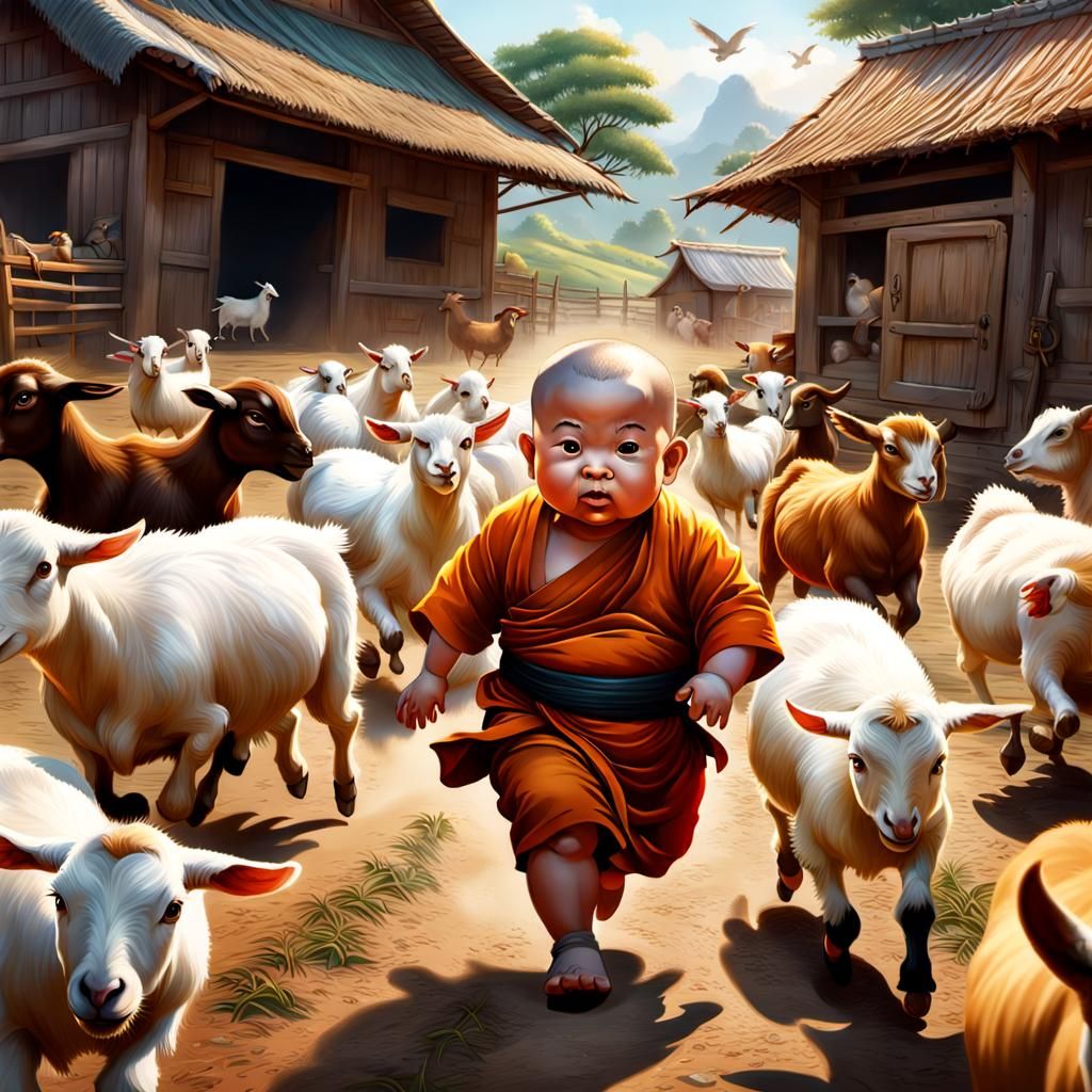 Chubby Baby Monk's Farm Adventure: Hyperrealistic Art