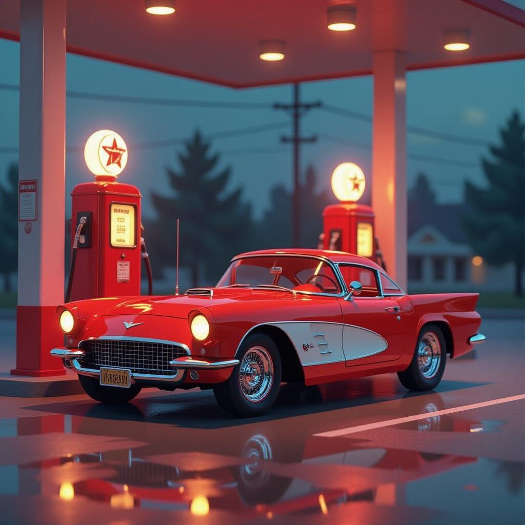 Red Classic Sports Car at Vintage Gas Station in Retro-Futur...