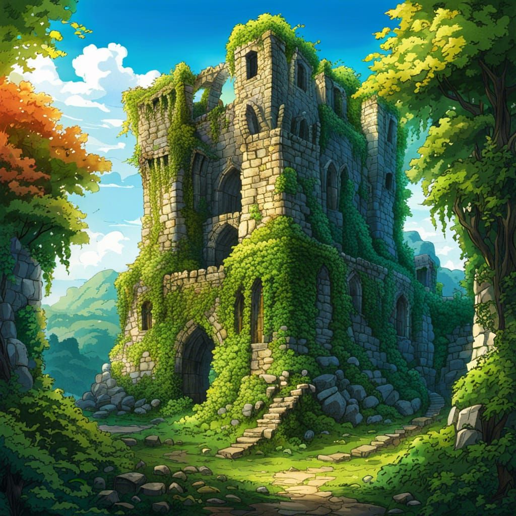Anime Castle Ruins Covered in Vines