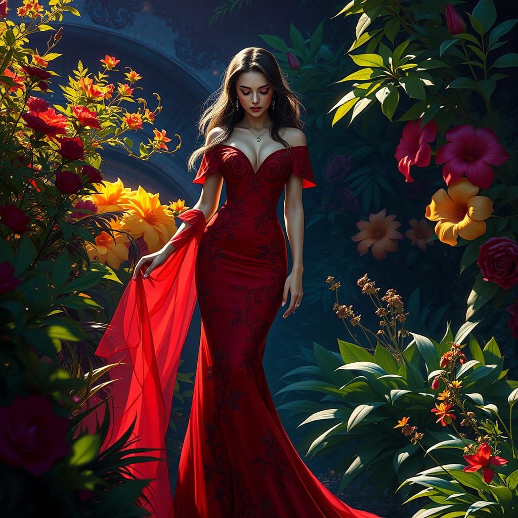 a painting of a woman in a red dress standing in a garden, r...