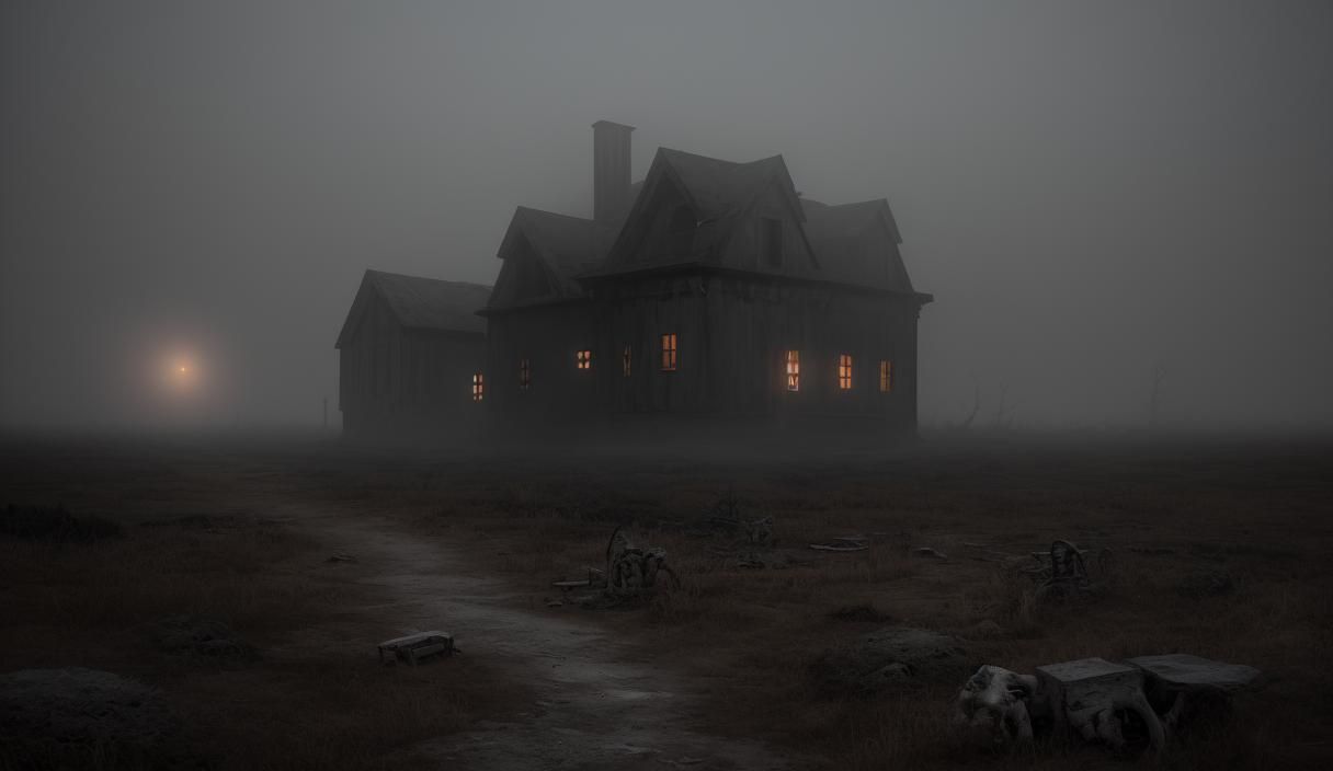 Bone Houses in Desolate Landscape: Cinematic Film Still