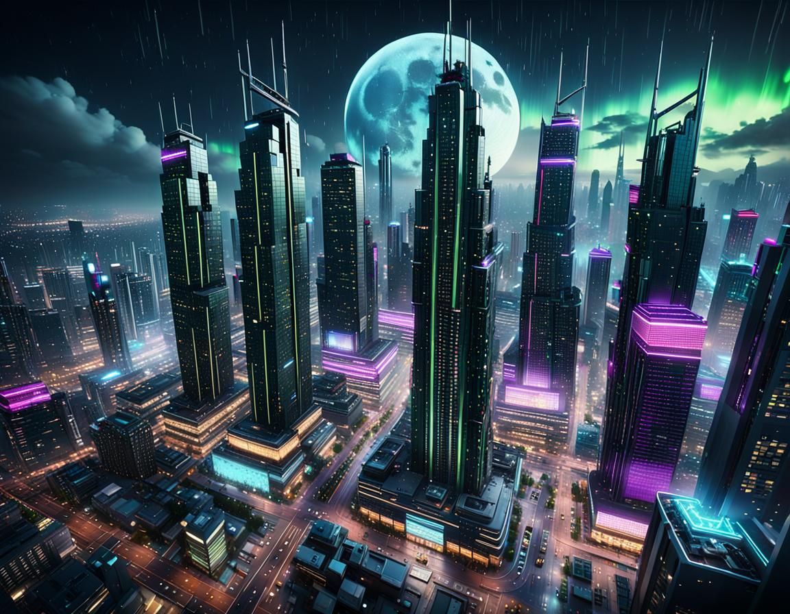 Cyberpunk Cityscape at Night with Aurora Borealis